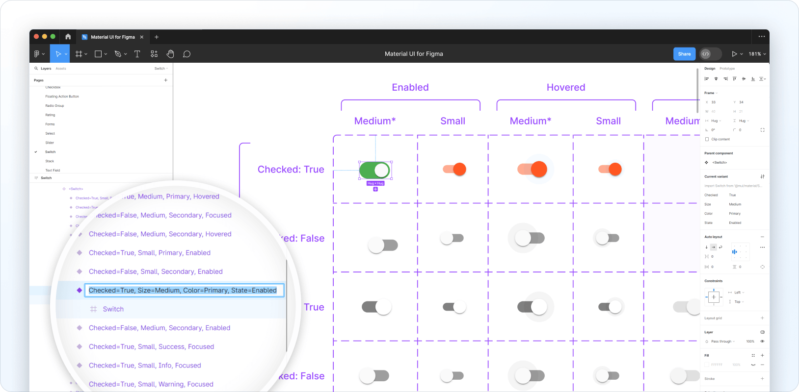 A specific variant of the Switch component selected in the Design Kit.